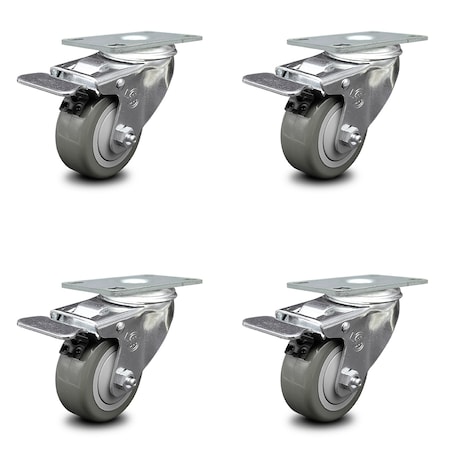 Service Caster 3 Inch Gray Polyurethane Swivel Top Plate Caster Set with Total Lock Brake SCC SCC-TTL20S314-PPUB-4
